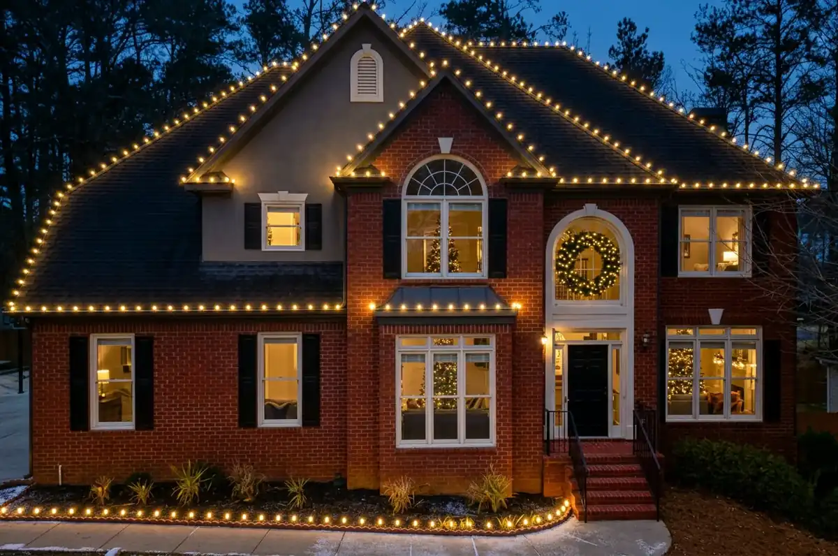 Architectural roofline Christmas lights with window wreaths and warm entryway lighting