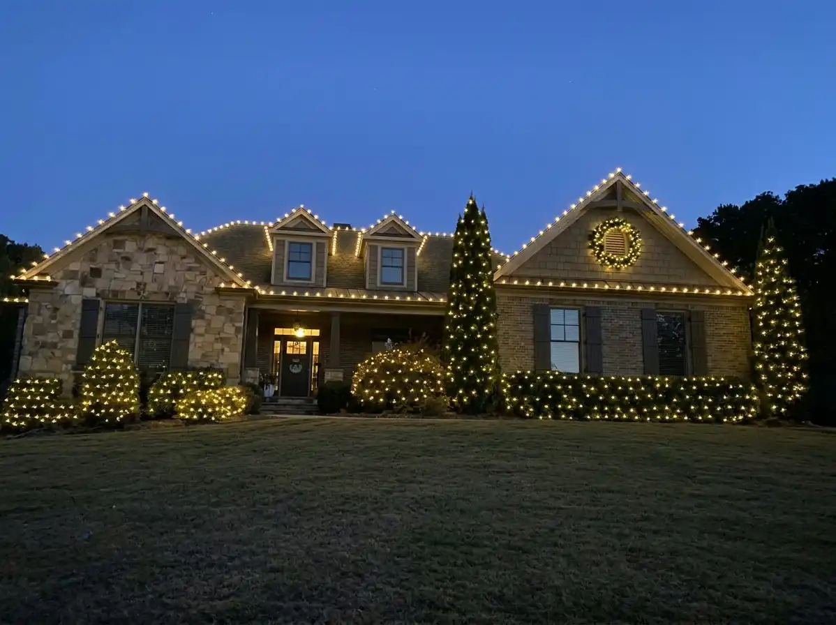 Christmas tree and landscape lighting with illuminated evergreens, shrubs and roofline accents