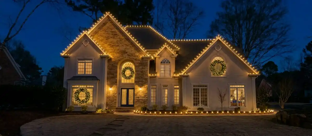 Classic home Christmas lighting with warm roofline lights and illuminated front landscaping