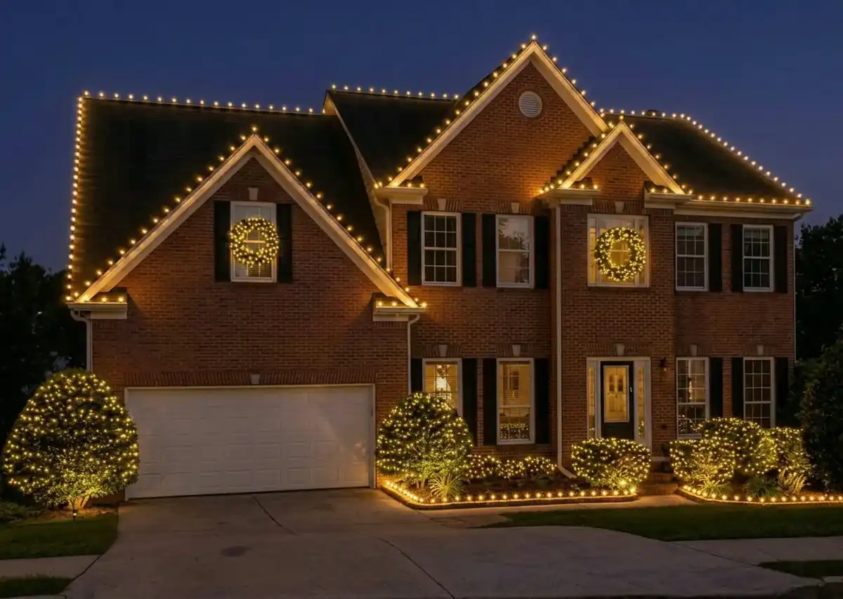 Complete residential Christmas display with roofline lights, wreaths, shrubs and landscape lighting