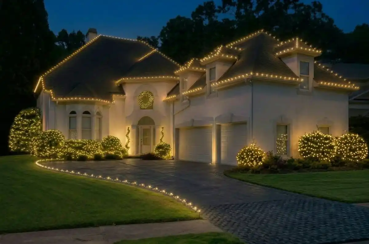 Holiday lighting along a curved driveway with roofline lights and illuminated shrubs