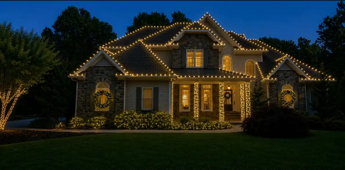 Elegant residential holiday lighting across rooflines, windows and landscaped shrubs