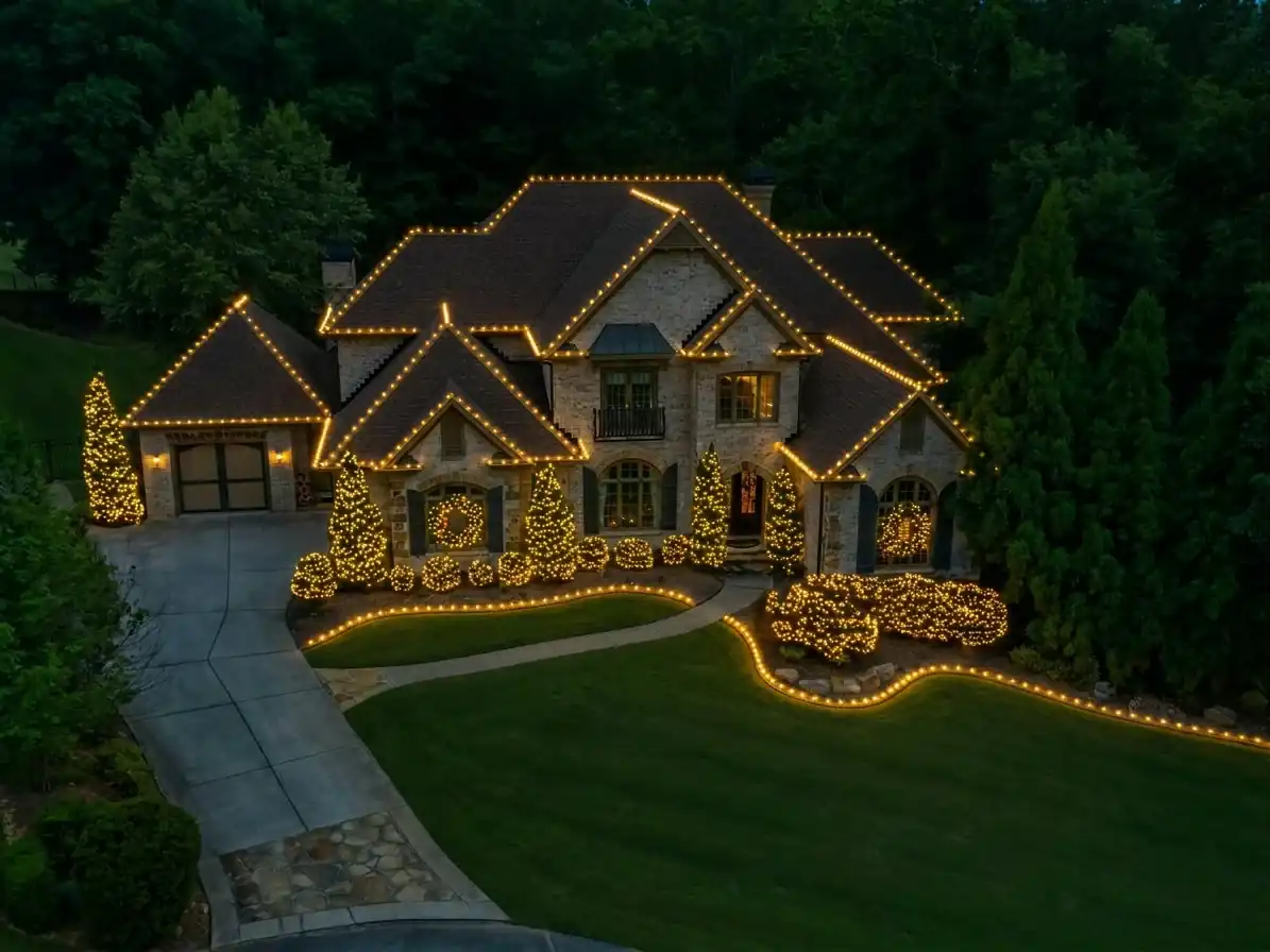 Estate holiday lighting project with architectural roofline lights and extensive landscape illumination