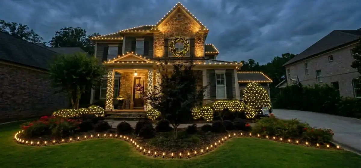 Landscape Christmas lighting with illuminated shrubs, curved walkway and roofline accents
