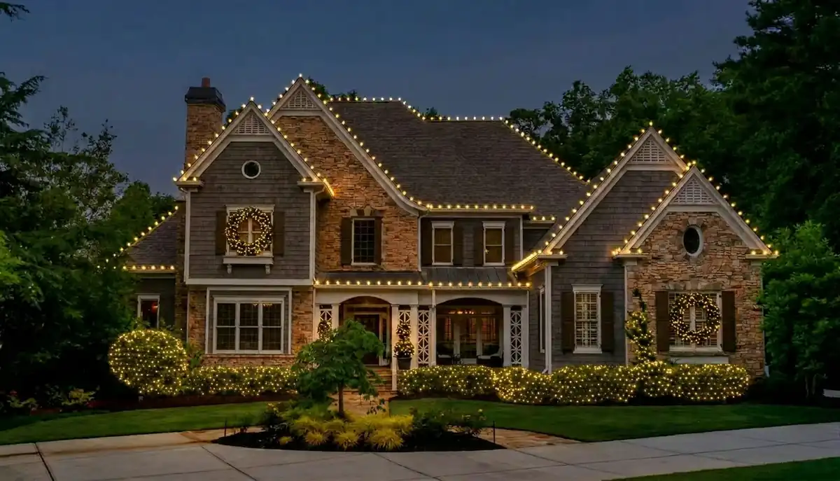 Luxury brick home holiday lighting with roofline lights, wreaths and landscaped accents