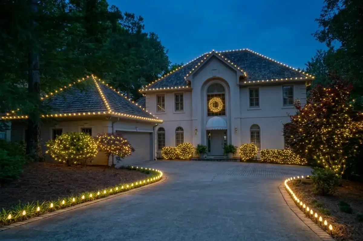 Luxury home Christmas lighting with illuminated roofline, trees, shrubs and driveway