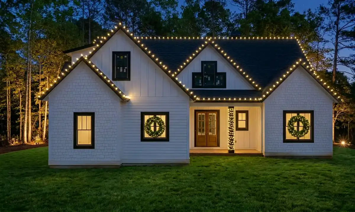 Modern residential Christmas light installation with clean roofline and window accents
