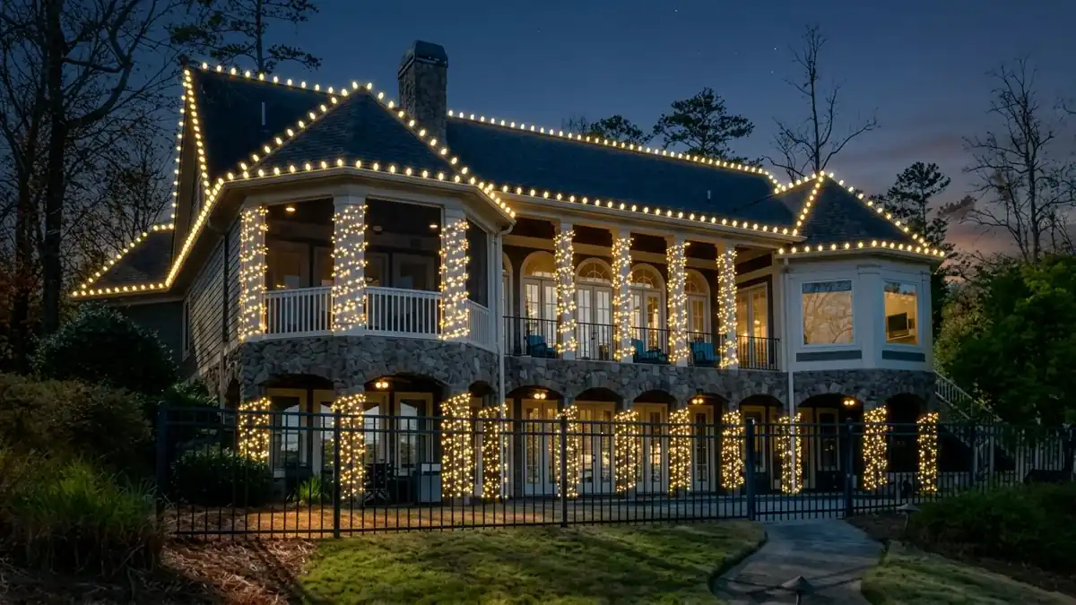 Premium residential Christmas light installation with roofline, columns, windows and landscape lighting