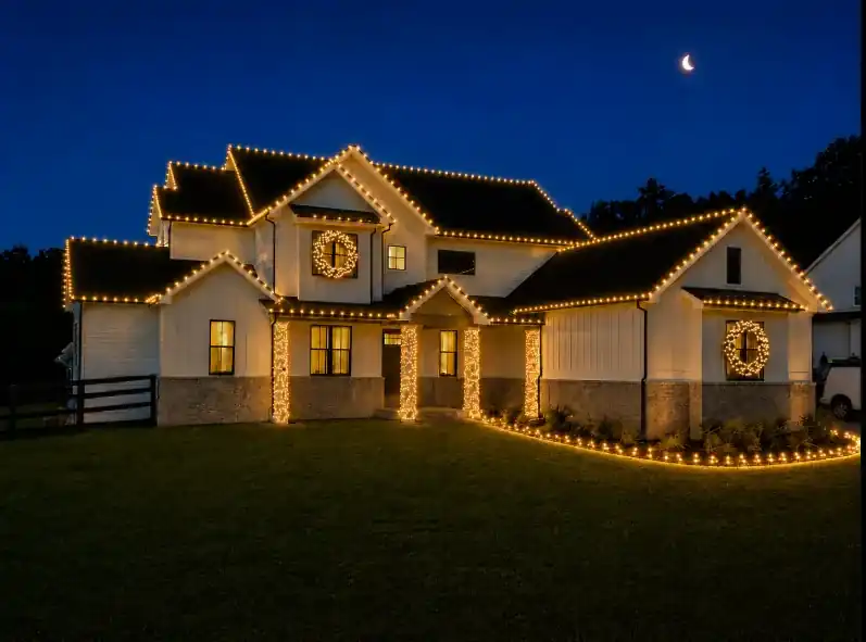 Professional roofline Christmas lighting with wreaths and warm architectural accents