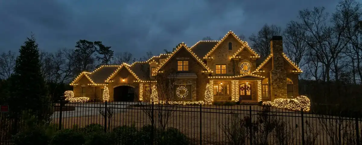Wide residential lighting reference with roofline lights and illuminated landscaping